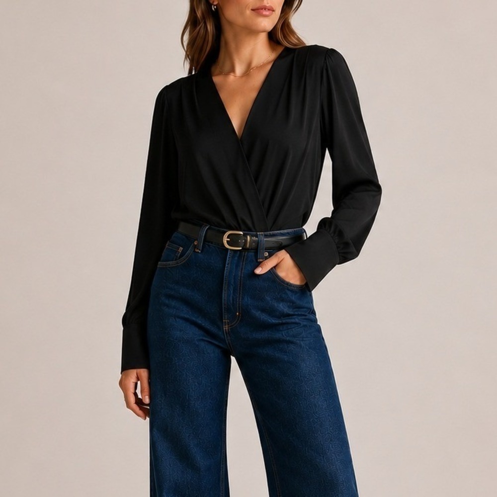 Quince Washable Stretch Silk Surplice Bodysuit Wrap Front Long Sleeve Date Black